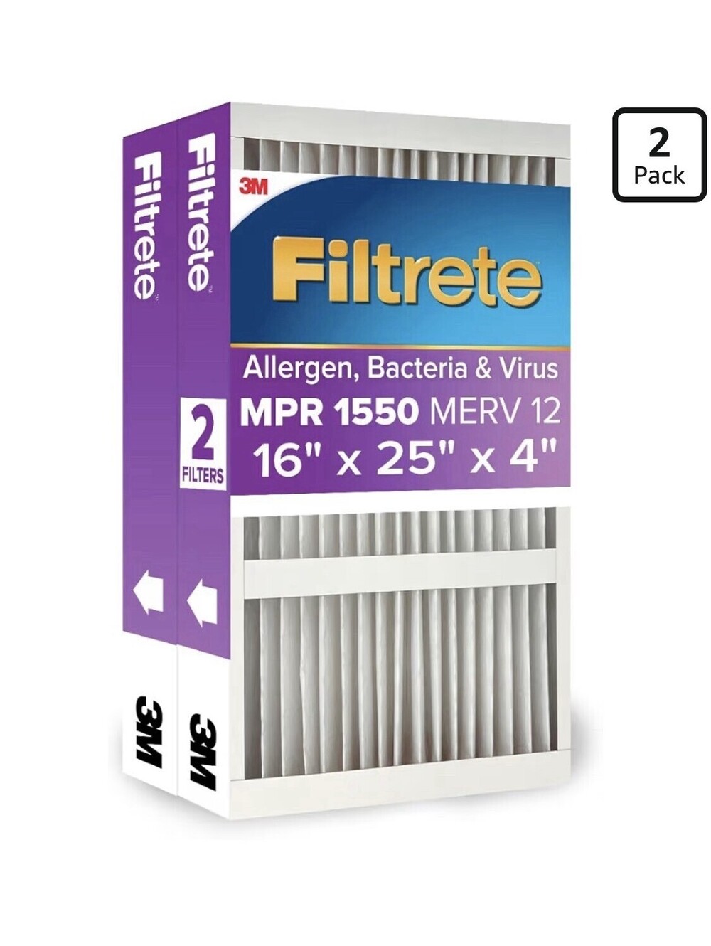 2 Pack of Filtrete MPR 1550 MERV 12 16x25x4 Electrostatic HVAC Air Filter